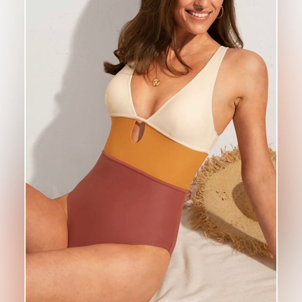 Vintage Women's One Piece Swimsuit Color Block Keyhole Cutout  Suit  Size L